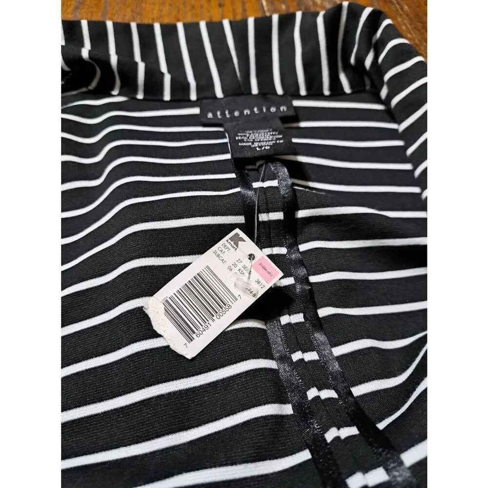 New Large Attention Black White Stripe Long Sleeve Open Front Cardigan Blazer NW